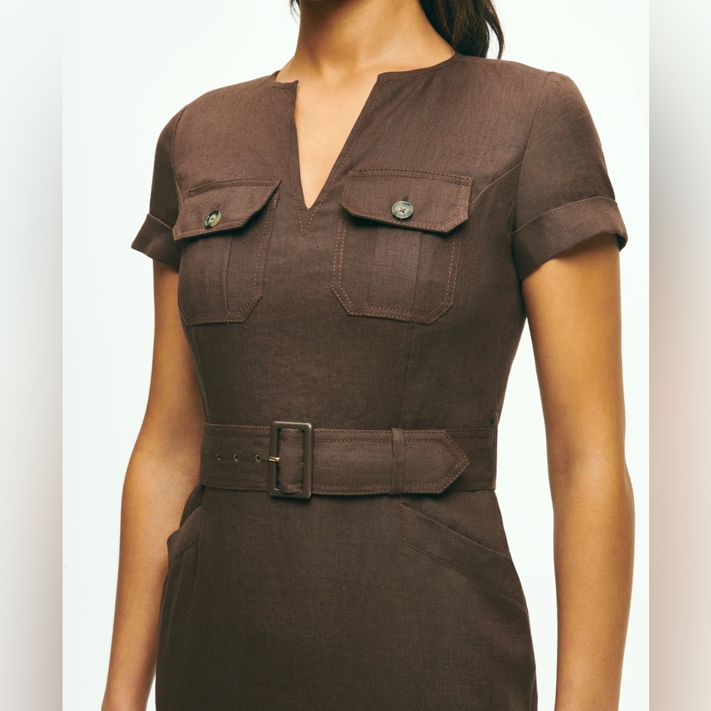 Brooks Brothers Utility Belted Sheath Dress In Brown Linen, 12